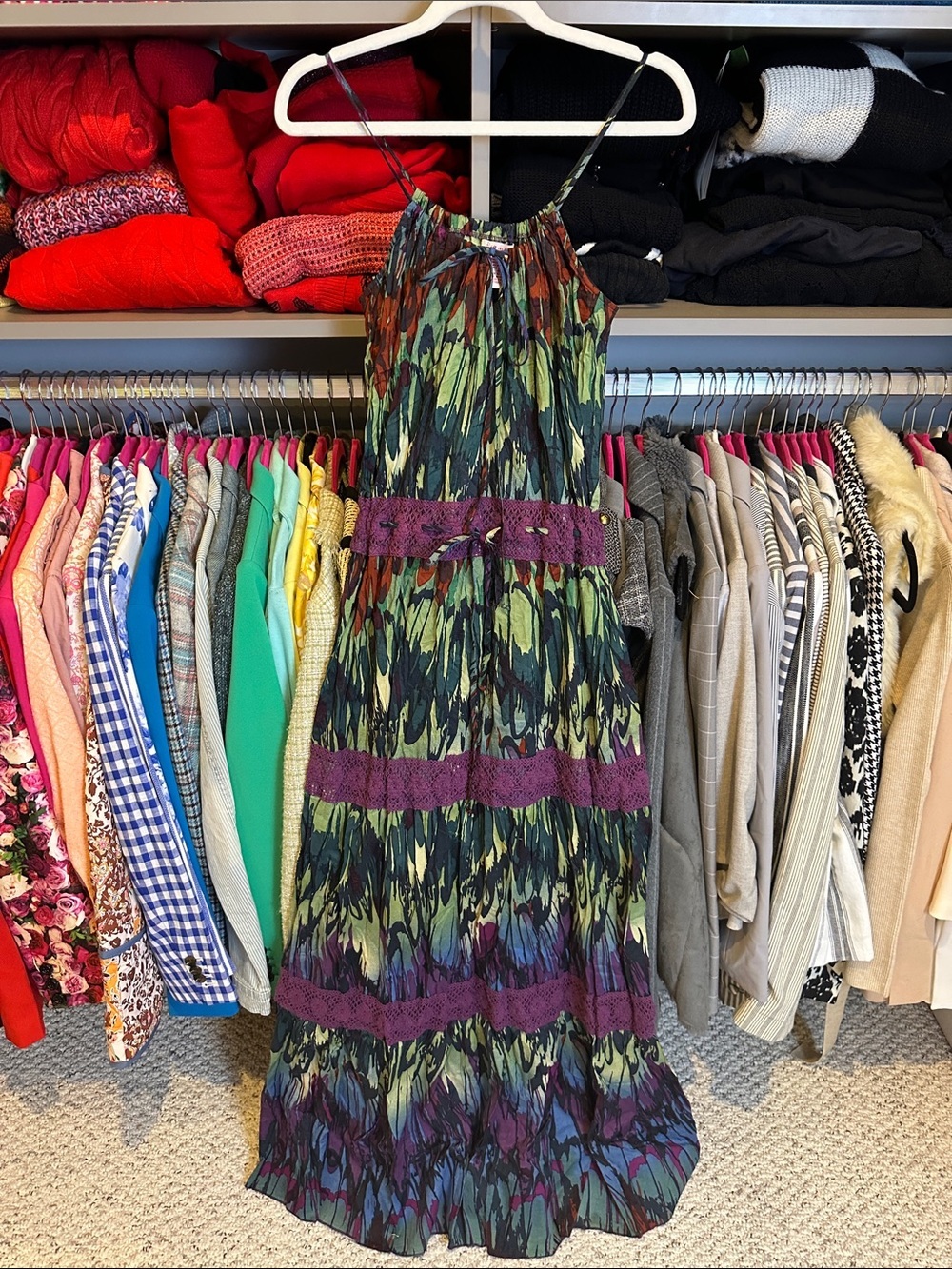 Fire green/purple/blue print with crochet sleeveless waist tie maxi dress size S